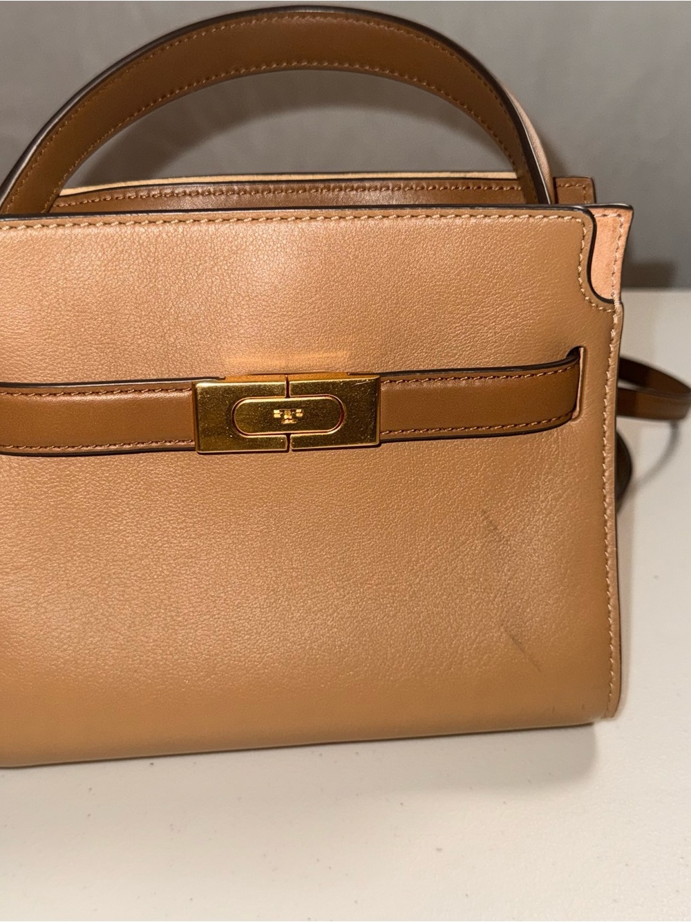 Tory Burch Lee Radziwill Petite Double Bag Tiramisu Leather + Strap